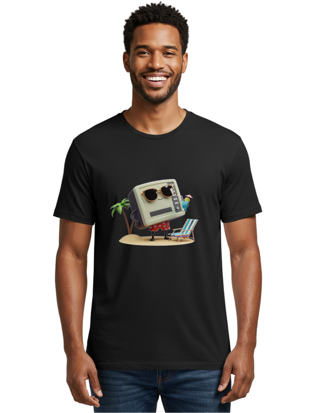 Retro-Crt-Tv Men'S Graphic Tee, 100% Cotton, Comfortable Casual Summer Wear, Machine Washable, Cash Register On Beach, Tropical Getaway, Sunglasses, Floral Skirt, Lounge Chair, Coconut Drink, Palm Trees, Summer Vibes, Fun In The Sun Bab332