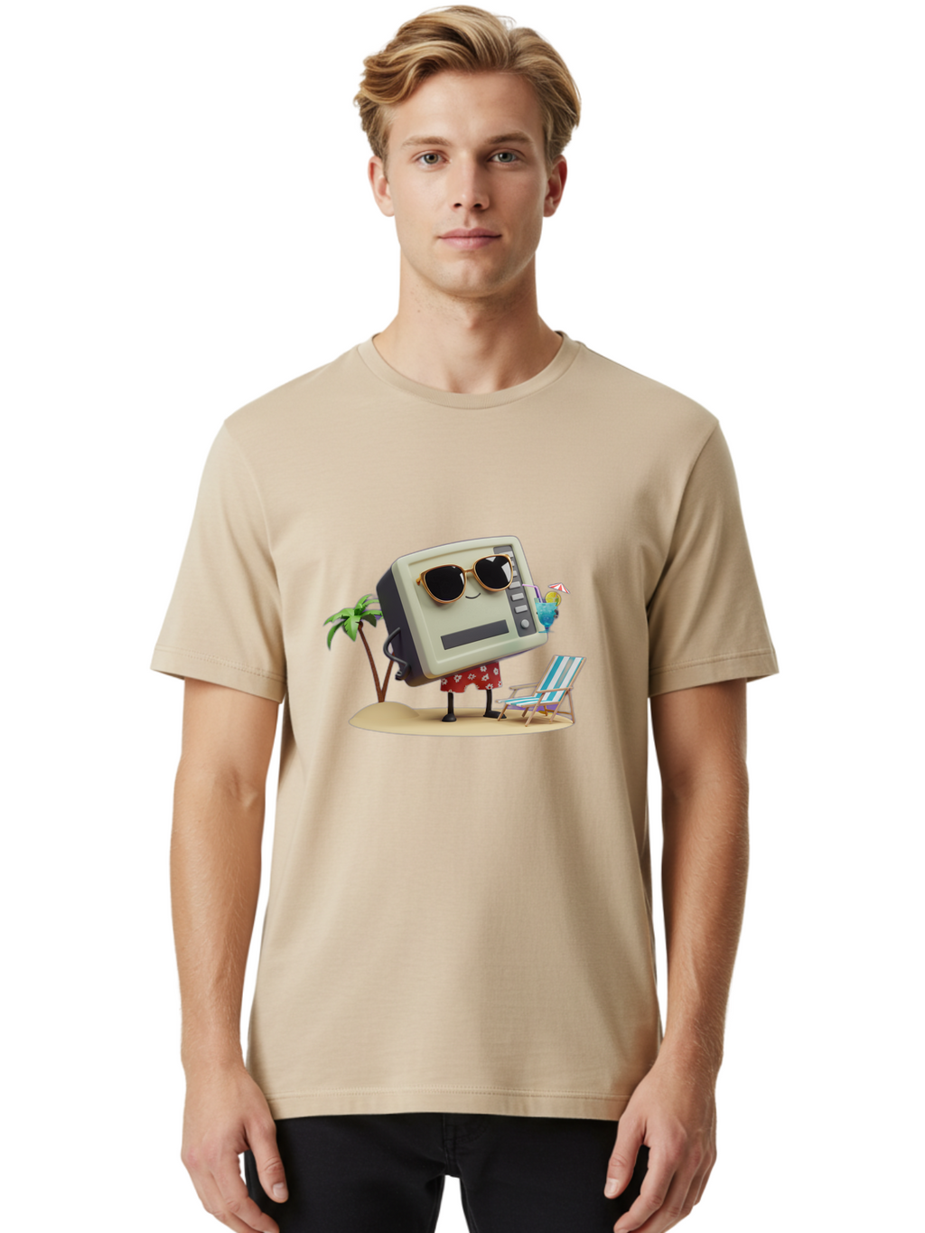 Retro-Crt-Tv Men'S Graphic Tee, 100% Cotton, Comfortable Casual Summer Wear, Machine Washable, Cash Register On Beach, Tropical Getaway, Sunglasses, Floral Skirt, Lounge Chair, Coconut Drink, Palm Trees, Summer Vibes, Fun In The Sun Bab332