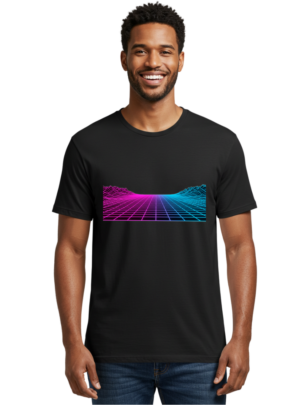 Retro-Futuristic-Grid-Landscape Men'S Graphic Tee, 100% Cotton, Comfortable Casual Summer Wear, Machine Washable, Retro Futuristic Landscape, Neon Grid, Synthwave Style, Futuristic Terrain, 80S Aesthetic, Digital Art, Vibrant Colors, Bab333
