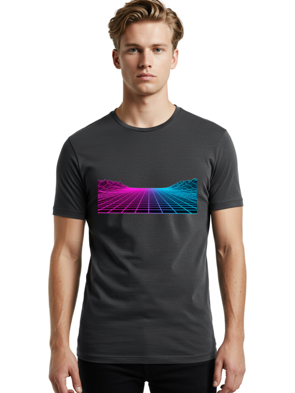 Retro-Futuristic-Grid-Landscape Men'S Graphic Tee, 100% Cotton, Comfortable Casual Summer Wear, Machine Washable, Retro Futuristic Landscape, Neon Grid, Synthwave Style, Futuristic Terrain, 80S Aesthetic, Digital Art, Vibrant Colors, Bab333