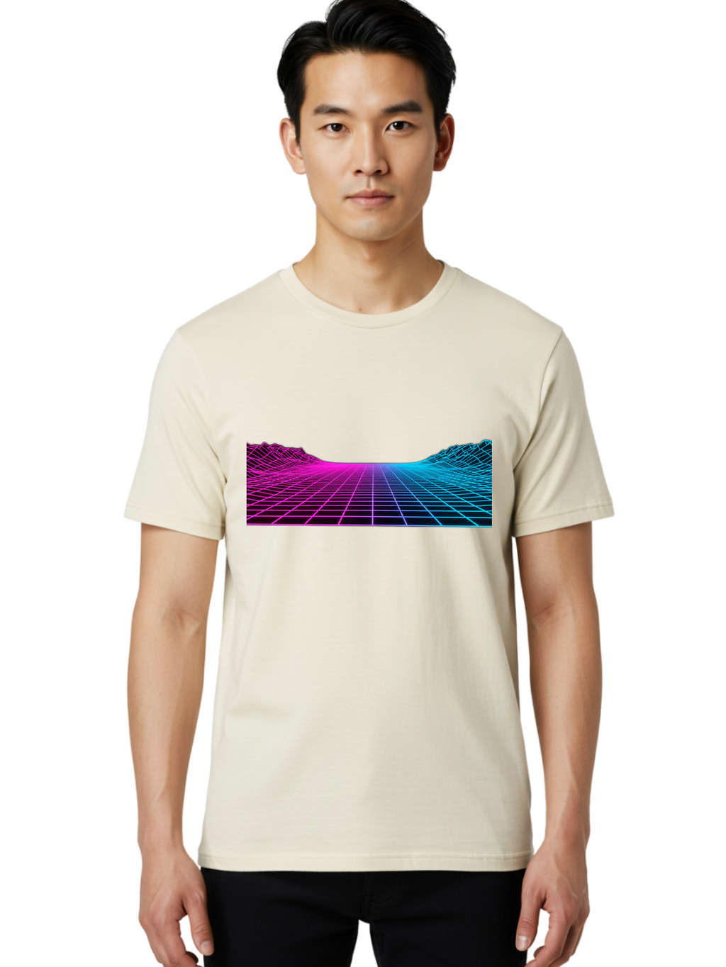 Retro-Futuristic-Grid-Landscape Men'S Graphic Tee, 100% Cotton, Comfortable Casual Summer Wear, Machine Washable, Retro Futuristic Landscape, Neon Grid, Synthwave Style, Futuristic Terrain, 80S Aesthetic, Digital Art, Vibrant Colors, Bab333