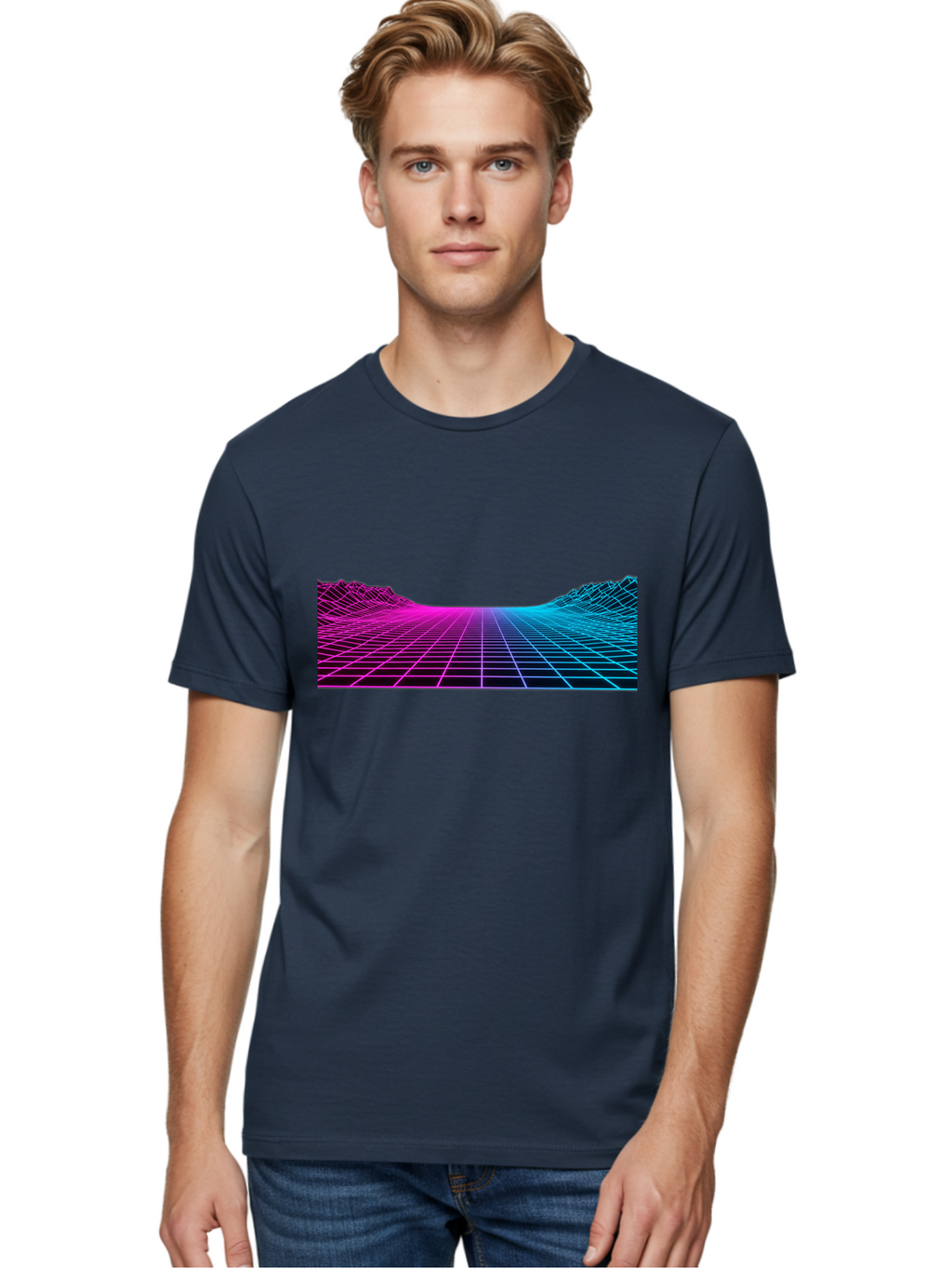 Retro-Futuristic-Grid-Landscape Men'S Graphic Tee, 100% Cotton, Comfortable Casual Summer Wear, Machine Washable, Retro Futuristic Landscape, Neon Grid, Synthwave Style, Futuristic Terrain, 80S Aesthetic, Digital Art, Vibrant Colors, Bab333