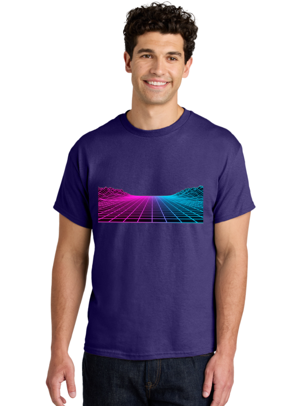 Retro-Futuristic-Grid-Landscape Men'S Graphic Tee, 100% Cotton, Comfortable Casual Summer Wear, Machine Washable, Retro Futuristic Landscape, Neon Grid, Synthwave Style, Futuristic Terrain, 80S Aesthetic, Digital Art, Vibrant Colors, Bab333
