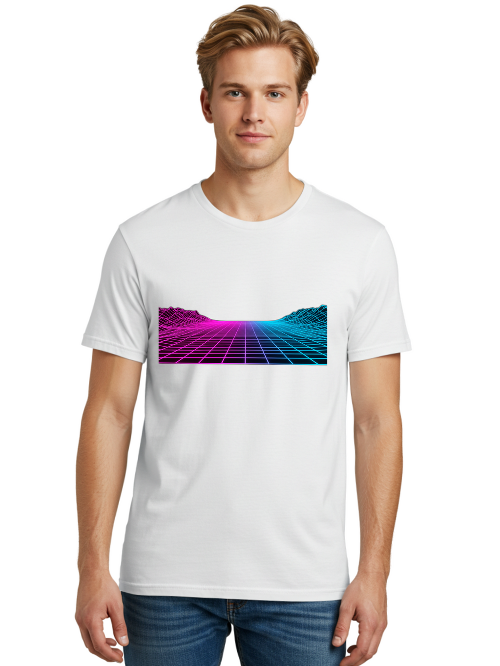 Retro-Futuristic-Grid-Landscape Men'S Graphic Tee, 100% Cotton, Comfortable Casual Summer Wear, Machine Washable, Retro Futuristic Landscape, Neon Grid, Synthwave Style, Futuristic Terrain, 80S Aesthetic, Digital Art, Vibrant Colors, Bab333