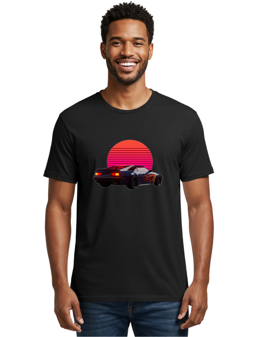Retro-Sports-Car-1 Men'S Graphic Tee, 100% Cotton, Comfortable Casual Summer Wear, Machine Washable, Retro Sports Car, Flame Design, Vintage Vehicle, 80S Car Culture, Neon Lights, Synth Wave, Red Sun, Vintage Graphics, Retro Futuristic Bab334