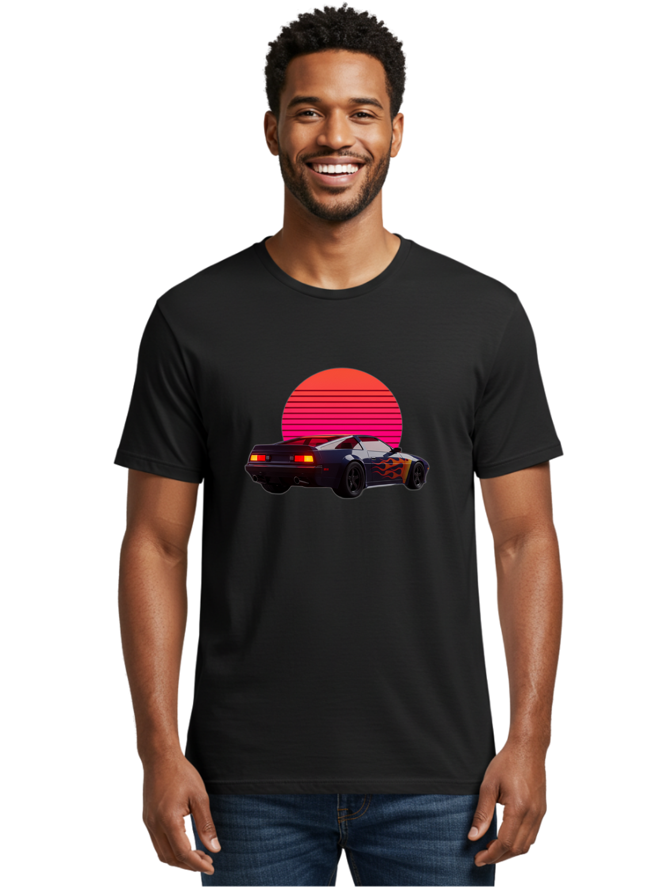Retro-Sports-Car-1 Men'S Graphic Tee, 100% Cotton, Comfortable Casual Summer Wear, Machine Washable, Retro Sports Car, Flame Design, Vintage Vehicle, 80S Car Culture, Neon Lights, Synth Wave, Red Sun, Vintage Graphics, Retro Futuristic Bab334