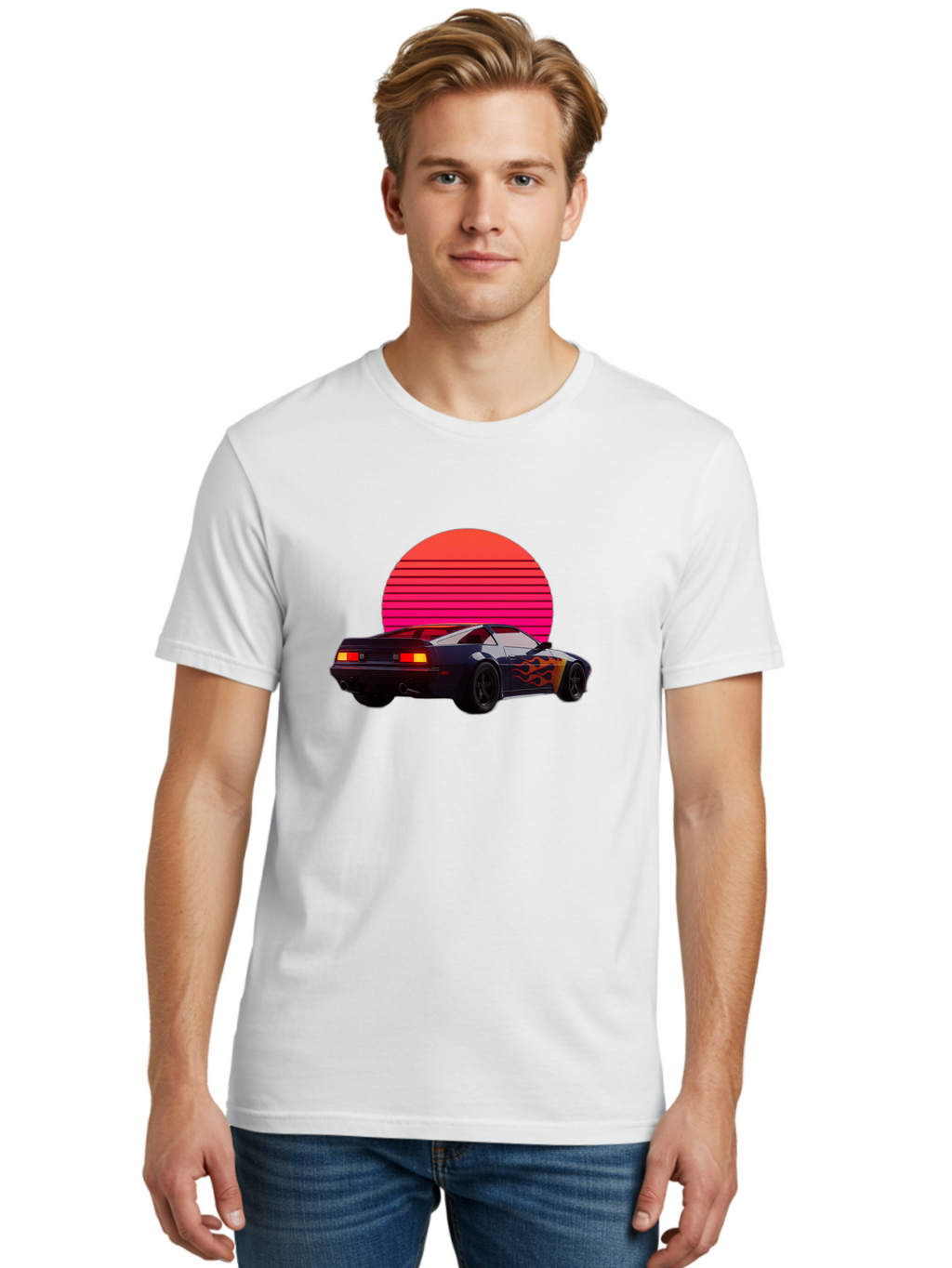 Retro-Sports-Car-1 Men'S Graphic Tee, 100% Cotton, Comfortable Casual Summer Wear, Machine Washable, Retro Sports Car, Flame Design, Vintage Vehicle, 80S Car Culture, Neon Lights, Synth Wave, Red Sun, Vintage Graphics, Retro Futuristic Bab334