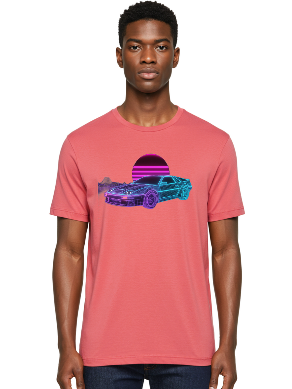 Retro-Sports-Car Men'S Graphic Tee, 100% Cotton, Comfortable Casual Summer Wear, Machine Washable, Retro Futuristic Car, Neon Lights, Synthwave Style, Vaporwave Aesthetic, 80S Sports Car, Datsun 280Z, Grid Pattern, Futuristic Landscape, Bab335