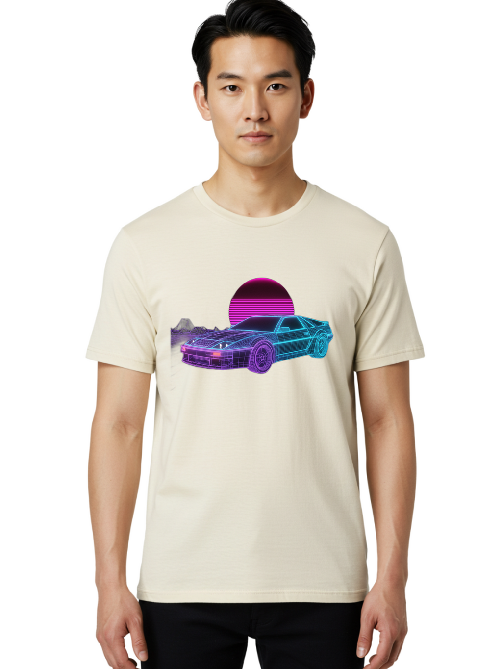 Retro-Sports-Car Men'S Graphic Tee, 100% Cotton, Comfortable Casual Summer Wear, Machine Washable, Retro Futuristic Car, Neon Lights, Synthwave Style, Vaporwave Aesthetic, 80S Sports Car, Datsun 280Z, Grid Pattern, Futuristic Landscape, Bab335