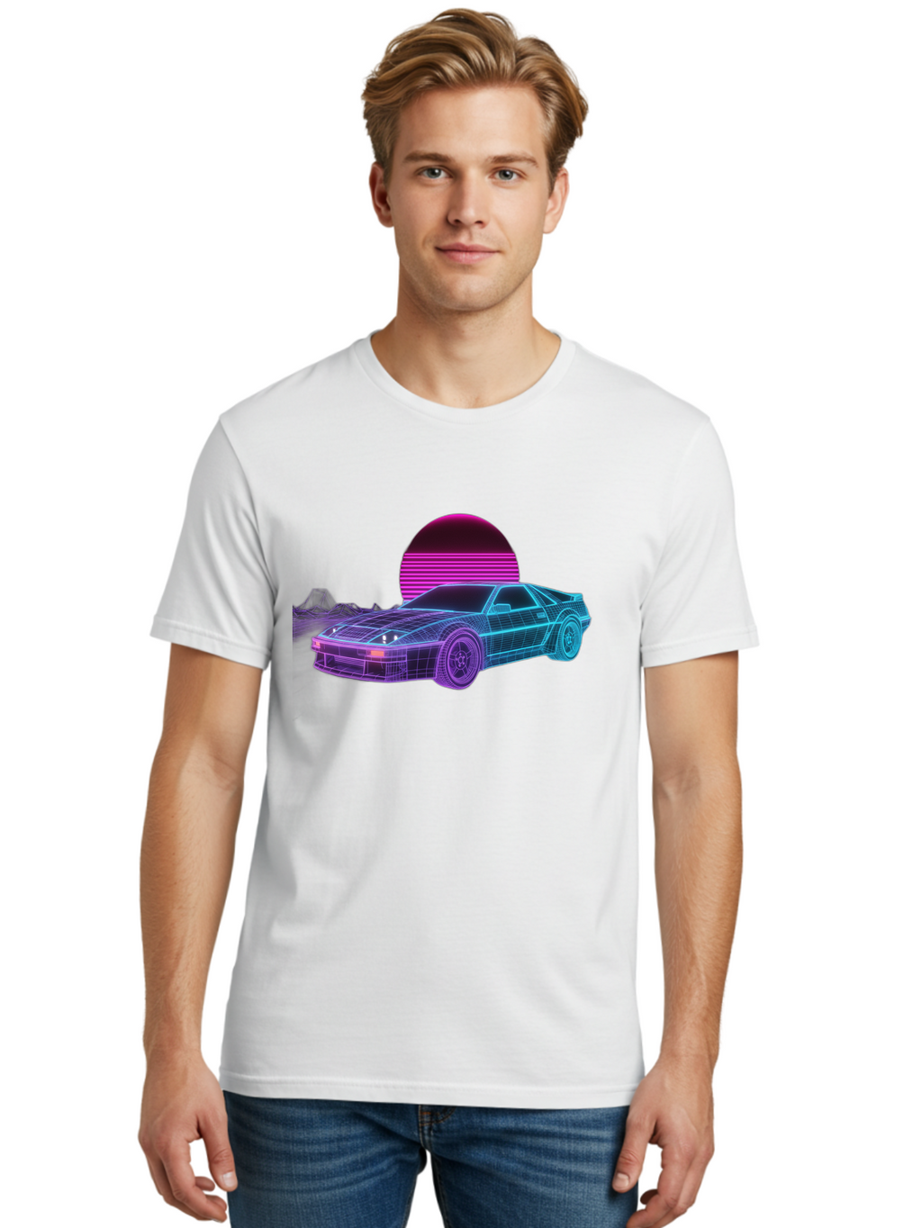 Retro-Sports-Car Men'S Graphic Tee, 100% Cotton, Comfortable Casual Summer Wear, Machine Washable, Retro Futuristic Car, Neon Lights, Synthwave Style, Vaporwave Aesthetic, 80S Sports Car, Datsun 280Z, Grid Pattern, Futuristic Landscape, Bab335