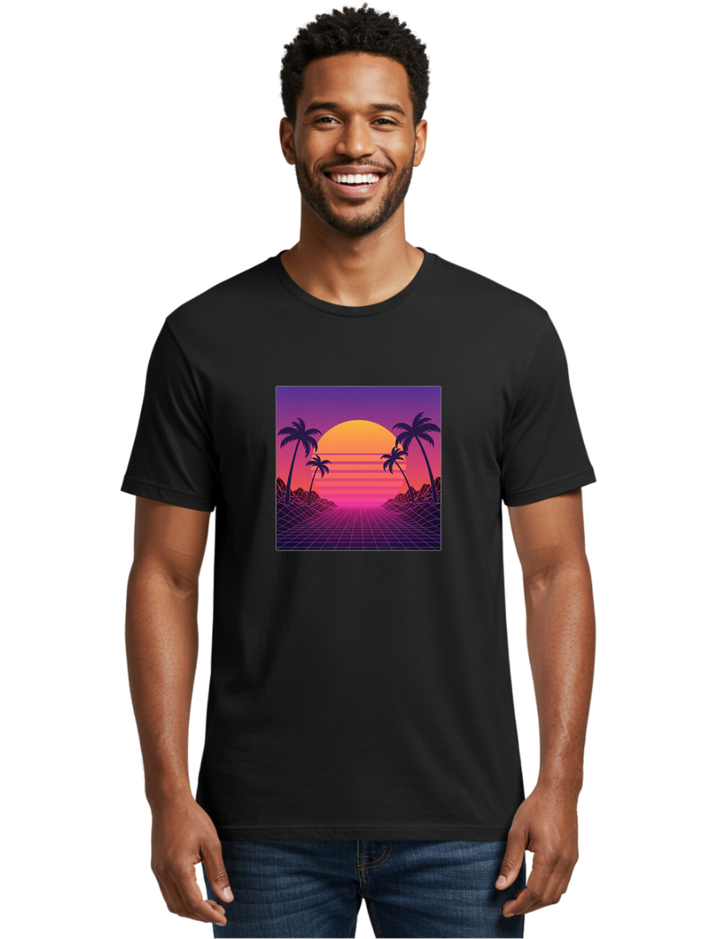 Retro-Sunset Men'S Graphic Tee, 100% Cotton, Comfortable Casual Summer Wear, Machine Washable, Retro Futuristic Landscape, Sunset With Palm Trees, Grid Pattern, Neon Colors, Synthwave Art, 80S Vibe, Futuristic Scenery, Digital Art, Bab336