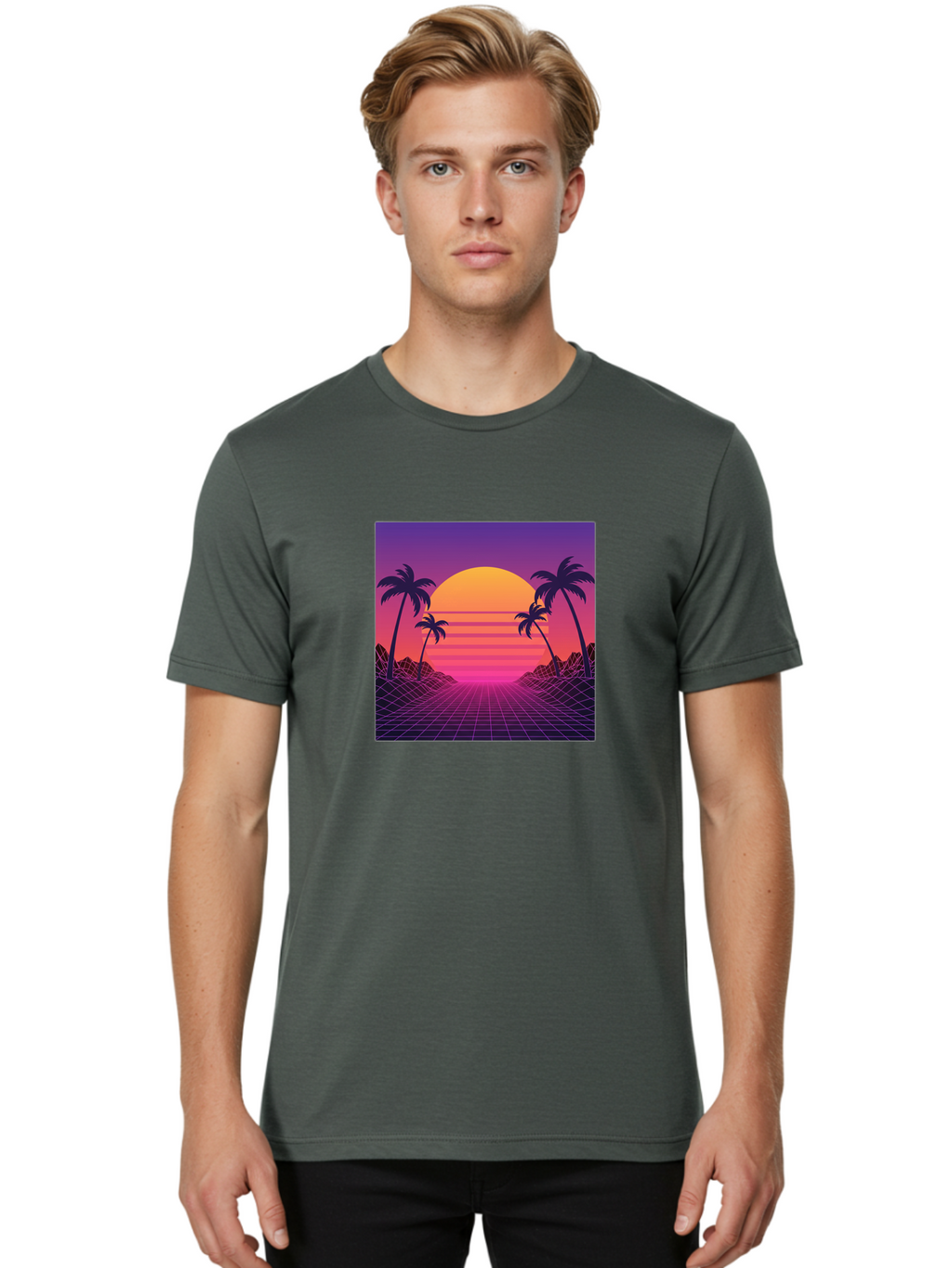 Retro-Sunset Men'S Graphic Tee, 100% Cotton, Comfortable Casual Summer Wear, Machine Washable, Retro Futuristic Landscape, Sunset With Palm Trees, Grid Pattern, Neon Colors, Synthwave Art, 80S Vibe, Futuristic Scenery, Digital Art, Bab336