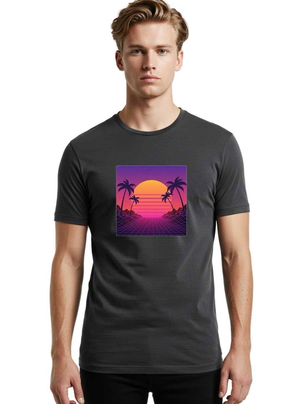 Retro-Sunset Men'S Graphic Tee, 100% Cotton, Comfortable Casual Summer Wear, Machine Washable, Retro Futuristic Landscape, Sunset With Palm Trees, Grid Pattern, Neon Colors, Synthwave Art, 80S Vibe, Futuristic Scenery, Digital Art, Bab336