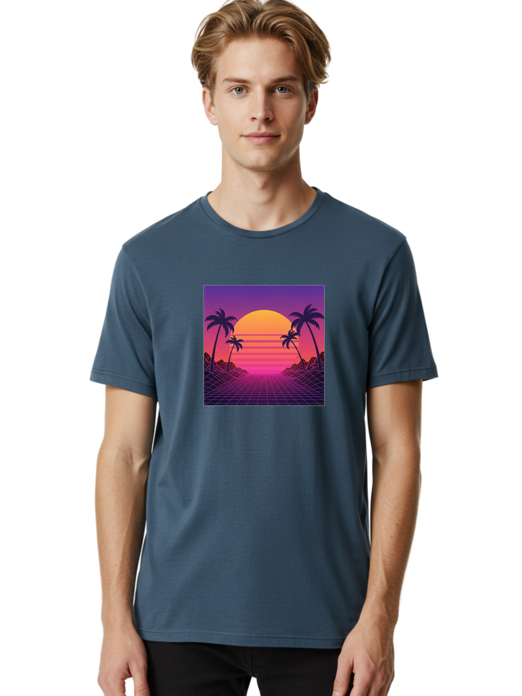 Retro-Sunset Men'S Graphic Tee, 100% Cotton, Comfortable Casual Summer Wear, Machine Washable, Retro Futuristic Landscape, Sunset With Palm Trees, Grid Pattern, Neon Colors, Synthwave Art, 80S Vibe, Futuristic Scenery, Digital Art, Bab336
