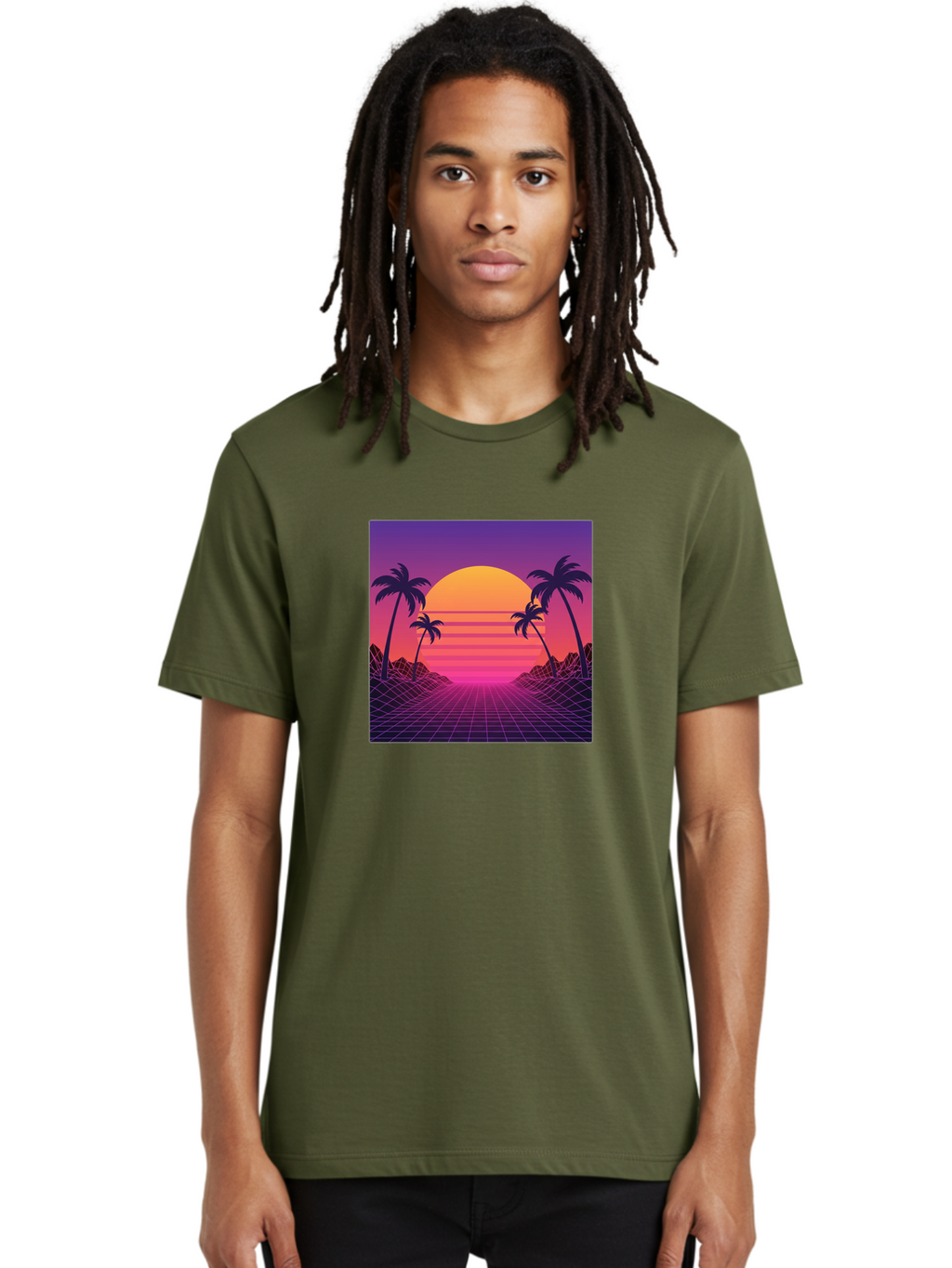 Retro-Sunset Men'S Graphic Tee, 100% Cotton, Comfortable Casual Summer Wear, Machine Washable, Retro Futuristic Landscape, Sunset With Palm Trees, Grid Pattern, Neon Colors, Synthwave Art, 80S Vibe, Futuristic Scenery, Digital Art, Bab336