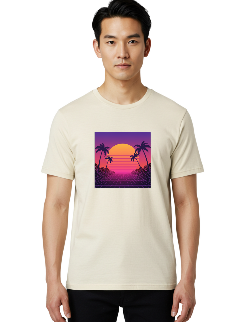 Retro-Sunset Men'S Graphic Tee, 100% Cotton, Comfortable Casual Summer Wear, Machine Washable, Retro Futuristic Landscape, Sunset With Palm Trees, Grid Pattern, Neon Colors, Synthwave Art, 80S Vibe, Futuristic Scenery, Digital Art, Bab336
