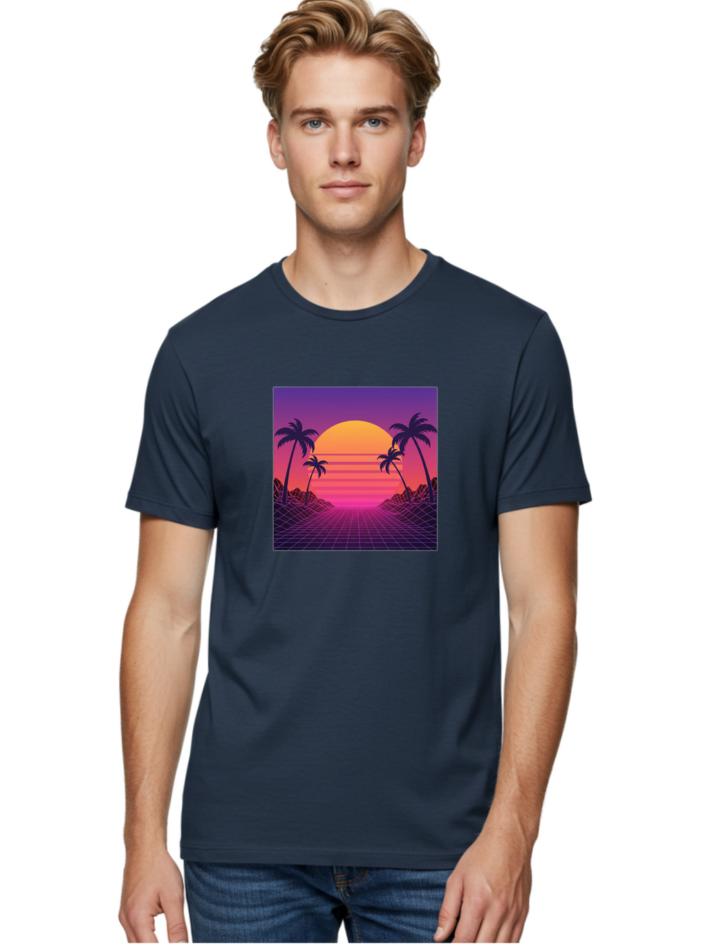 Retro-Sunset Men'S Graphic Tee, 100% Cotton, Comfortable Casual Summer Wear, Machine Washable, Retro Futuristic Landscape, Sunset With Palm Trees, Grid Pattern, Neon Colors, Synthwave Art, 80S Vibe, Futuristic Scenery, Digital Art, Bab336
