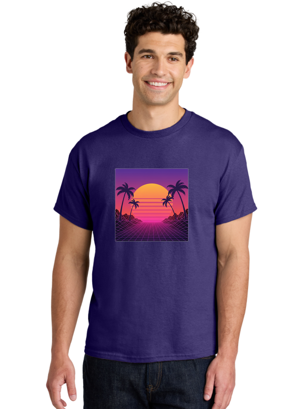 Retro-Sunset Men'S Graphic Tee, 100% Cotton, Comfortable Casual Summer Wear, Machine Washable, Retro Futuristic Landscape, Sunset With Palm Trees, Grid Pattern, Neon Colors, Synthwave Art, 80S Vibe, Futuristic Scenery, Digital Art, Bab336