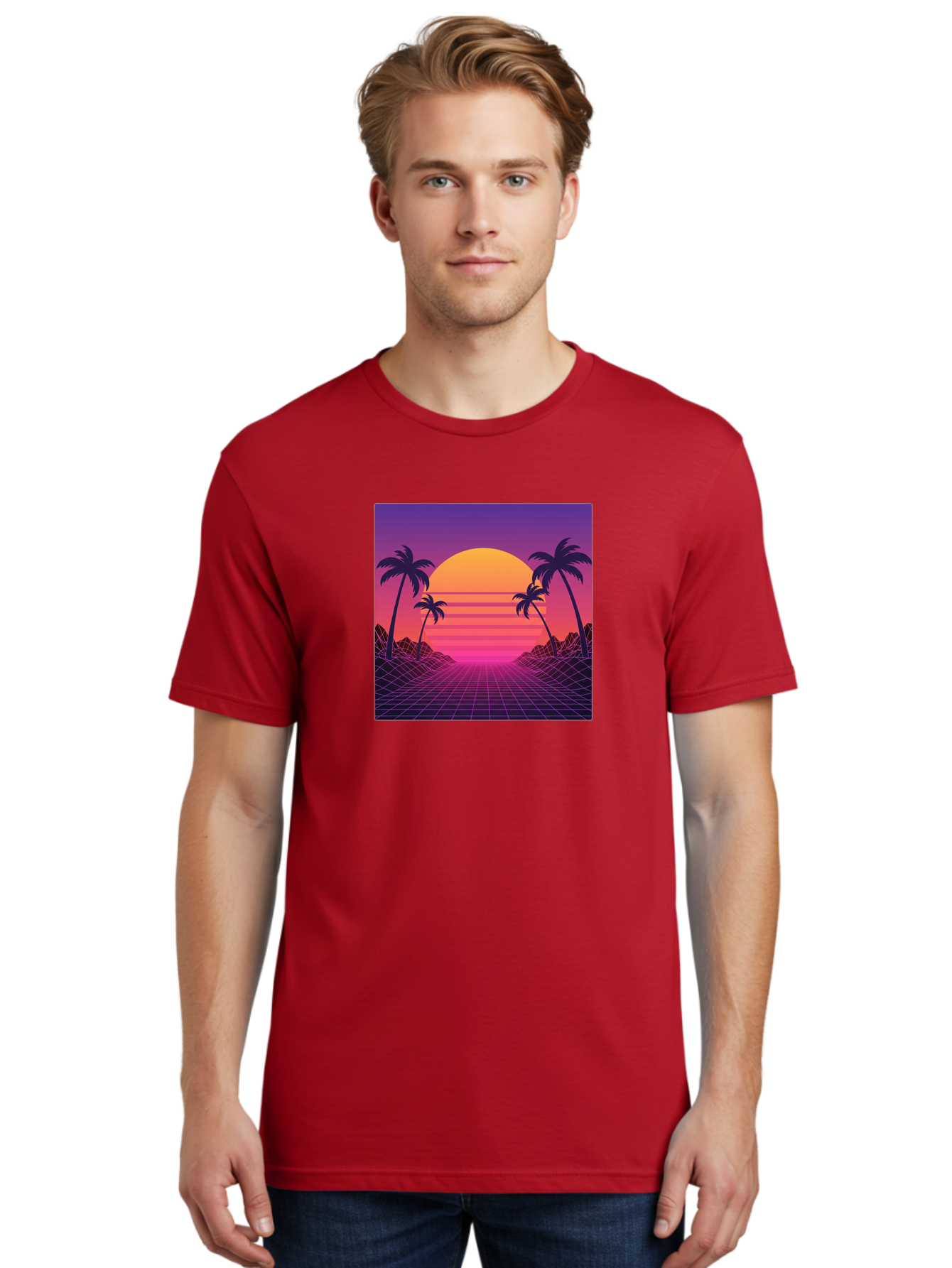 Retro-Sunset Men'S Graphic Tee, 100% Cotton, Comfortable Casual Summer Wear, Machine Washable, Retro Futuristic Landscape, Sunset With Palm Trees, Grid Pattern, Neon Colors, Synthwave Art, 80S Vibe, Futuristic Scenery, Digital Art, Bab336