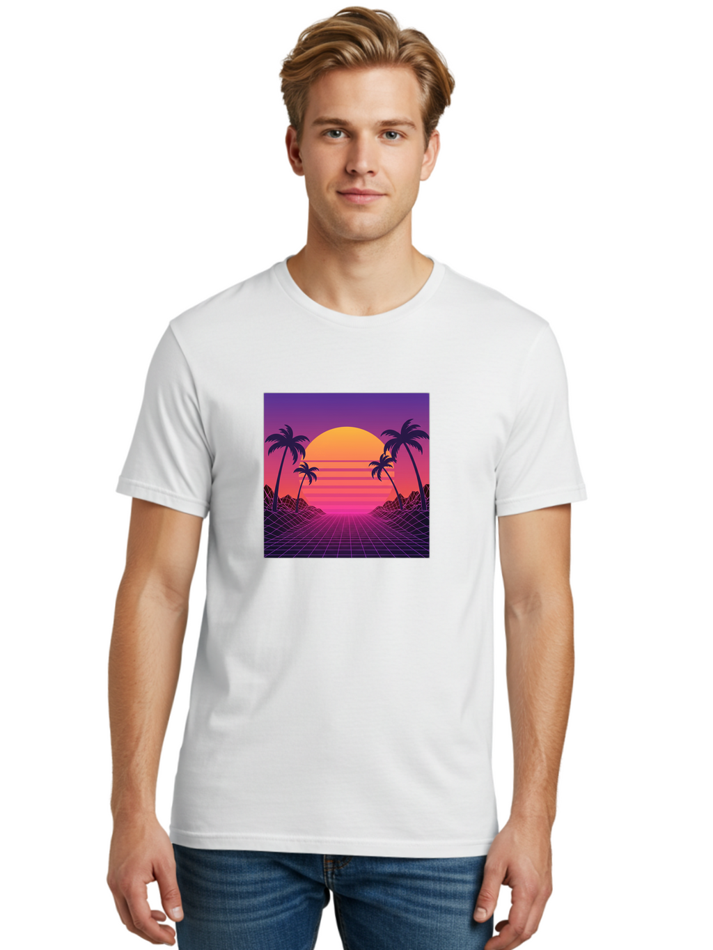 Retro-Sunset Men'S Graphic Tee, 100% Cotton, Comfortable Casual Summer Wear, Machine Washable, Retro Futuristic Landscape, Sunset With Palm Trees, Grid Pattern, Neon Colors, Synthwave Art, 80S Vibe, Futuristic Scenery, Digital Art, Bab336