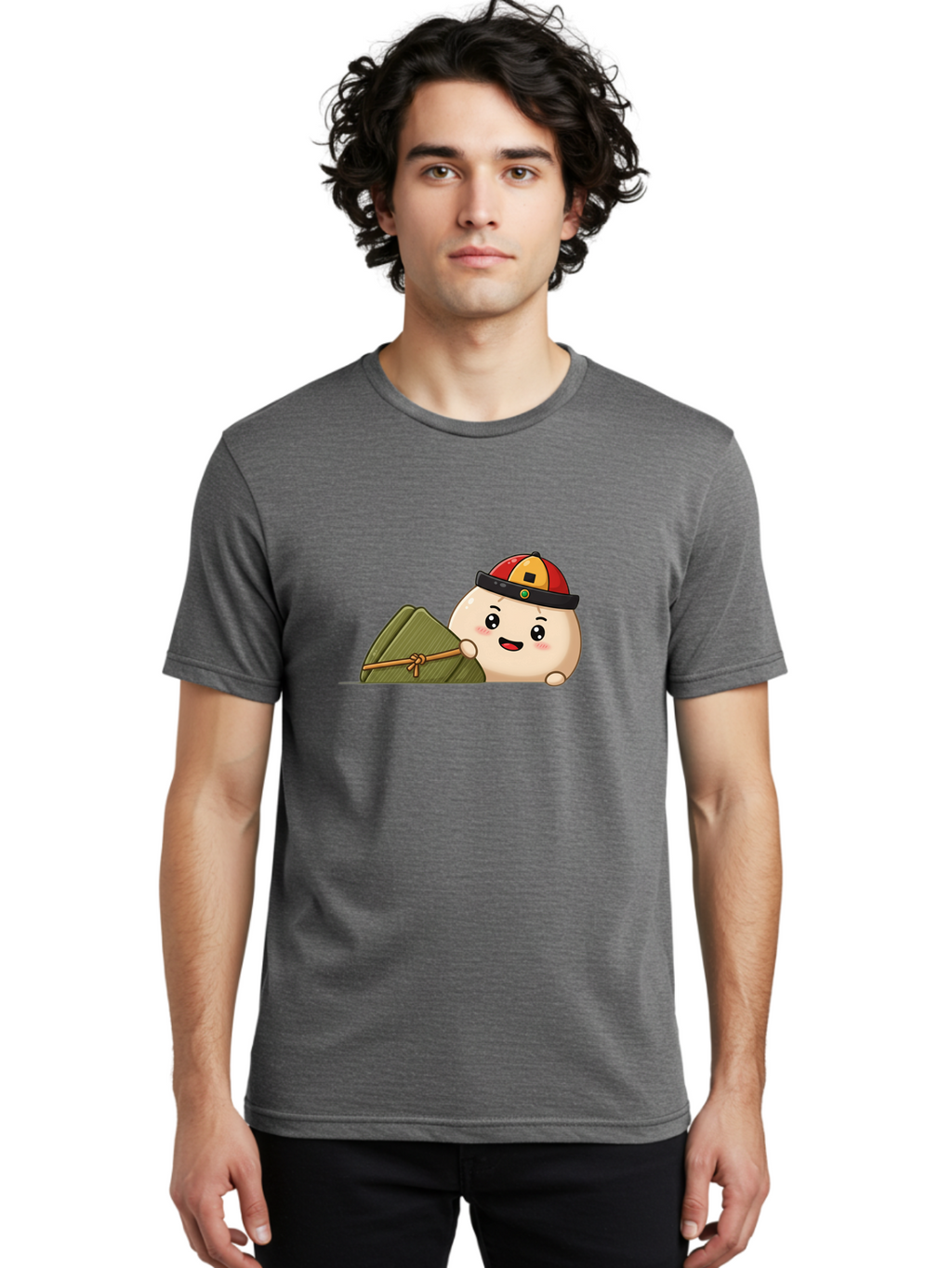 Rice-Dumpling Men'S Graphic Tee, 100% Cotton, Comfortable Casual Summer Wear, Machine Washable, Cartoon Dumpling Character, Red And Yellow Cap, Zongzi, Traditional Chinese Food, Dragon Boat Festival, Cute, Adorable, Kawaii, Character Design, Bab339