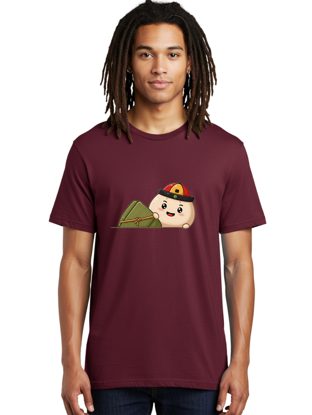 Rice-Dumpling Men'S Graphic Tee, 100% Cotton, Comfortable Casual Summer Wear, Machine Washable, Cartoon Dumpling Character, Red And Yellow Cap, Zongzi, Traditional Chinese Food, Dragon Boat Festival, Cute, Adorable, Kawaii, Character Design, Bab339