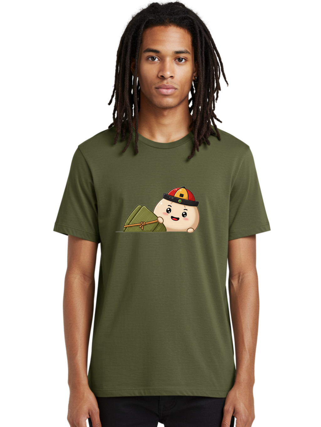 Rice-Dumpling Men'S Graphic Tee, 100% Cotton, Comfortable Casual Summer Wear, Machine Washable, Cartoon Dumpling Character, Red And Yellow Cap, Zongzi, Traditional Chinese Food, Dragon Boat Festival, Cute, Adorable, Kawaii, Character Design, Bab339