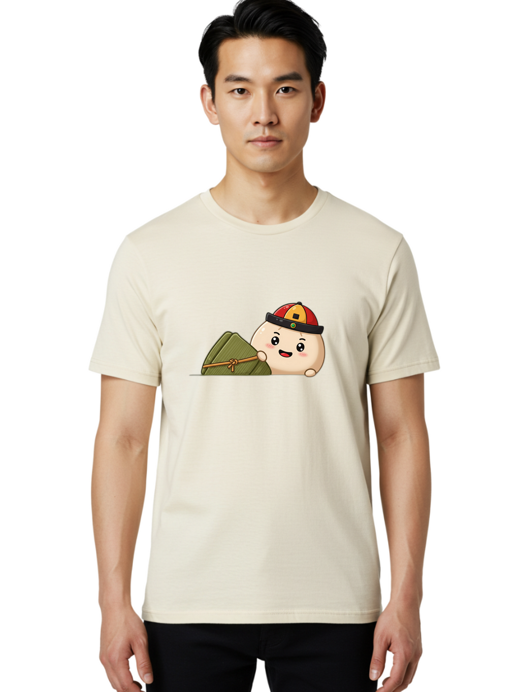 Rice-Dumpling Men'S Graphic Tee, 100% Cotton, Comfortable Casual Summer Wear, Machine Washable, Cartoon Dumpling Character, Red And Yellow Cap, Zongzi, Traditional Chinese Food, Dragon Boat Festival, Cute, Adorable, Kawaii, Character Design, Bab339
