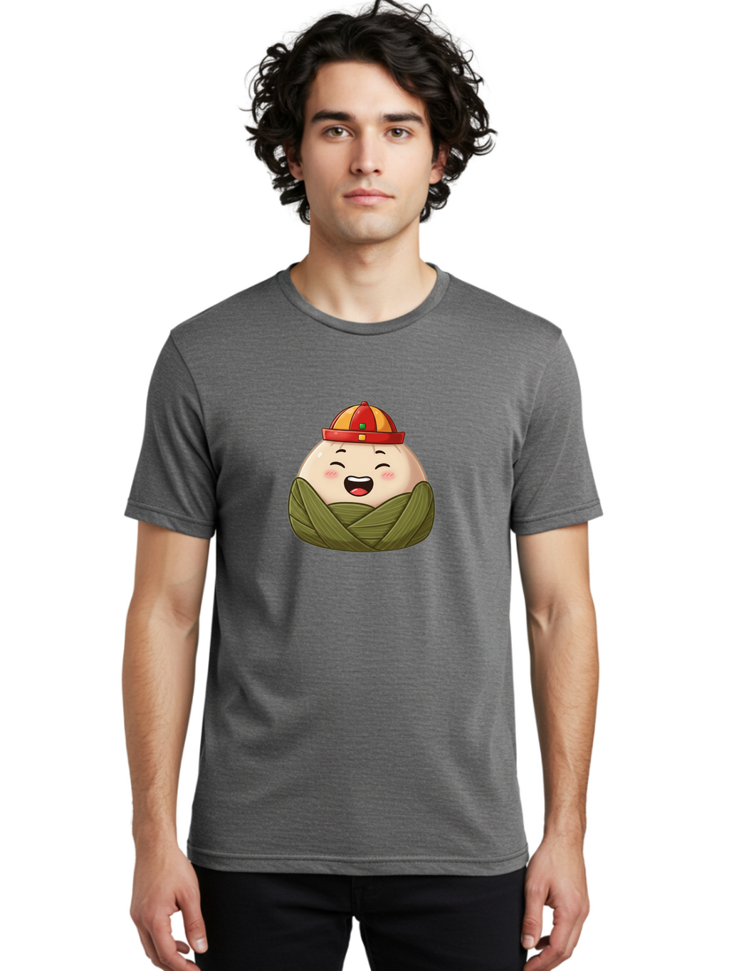 Rice-Dumplings Men'S Graphic Tee, 100% Cotton, Comfortable Casual Summer Wear, Machine Washable, Cartoon Zongzi, Traditional Chinese Food, Happy Face, Red And Yellow Hat, Green Wrapping, Joyful Expression, Chinese Culture, Festive Food, Bab340