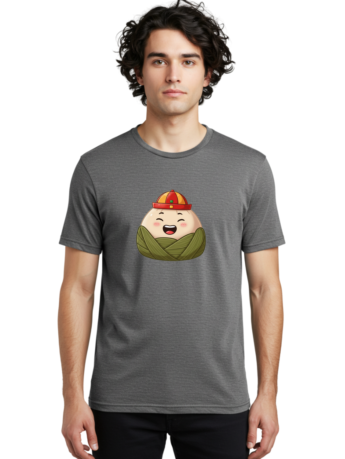 Rice-Dumplings Men'S Graphic Tee, 100% Cotton, Comfortable Casual Summer Wear, Machine Washable, Cartoon Zongzi, Traditional Chinese Food, Happy Face, Red And Yellow Hat, Green Wrapping, Joyful Expression, Chinese Culture, Festive Food, Bab340
