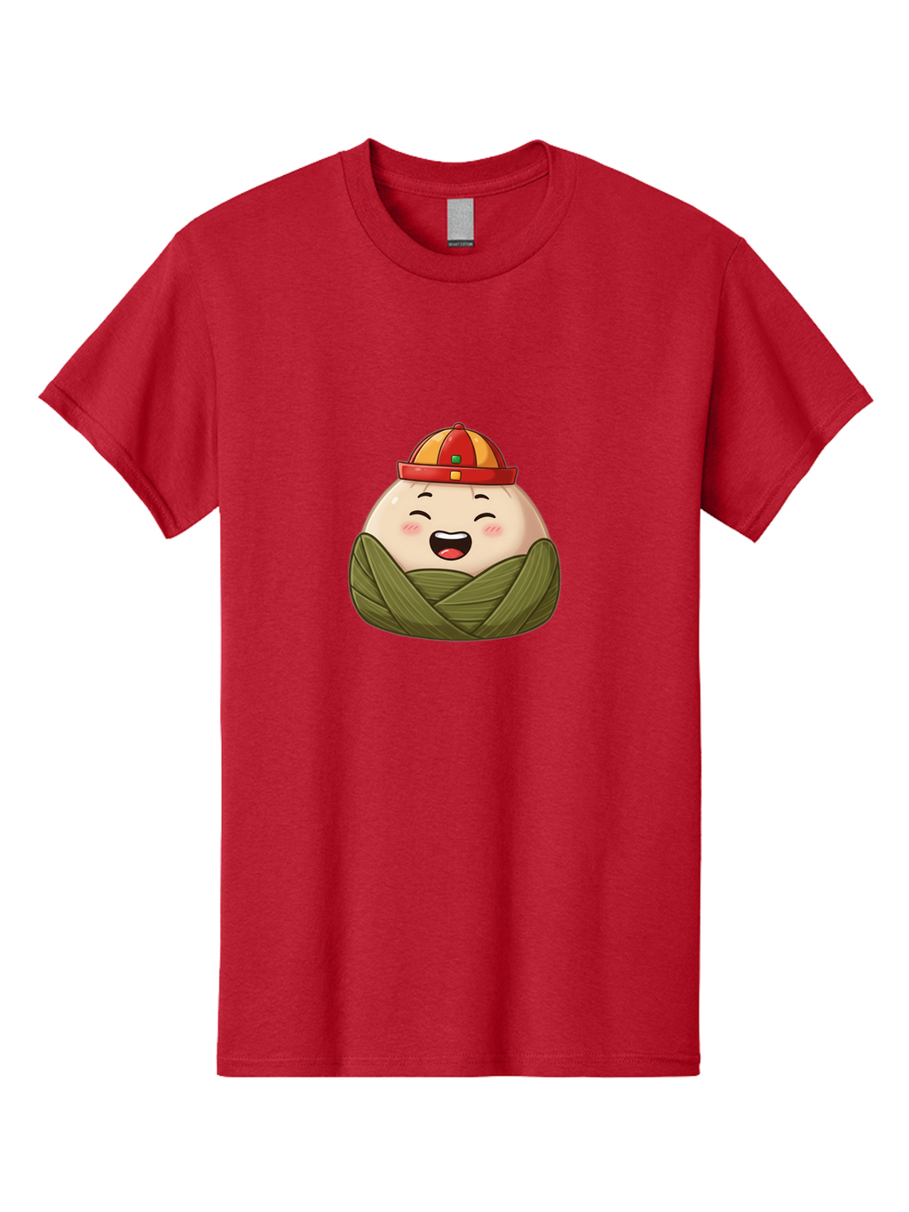 Rice-Dumplings Men'S Graphic Tee, 100% Cotton, Comfortable Casual Summer Wear, Machine Washable, Cartoon Zongzi, Traditional Chinese Food, Happy Face, Red And Yellow Hat, Green Wrapping, Joyful Expression, Chinese Culture, Festive Food, Bab340