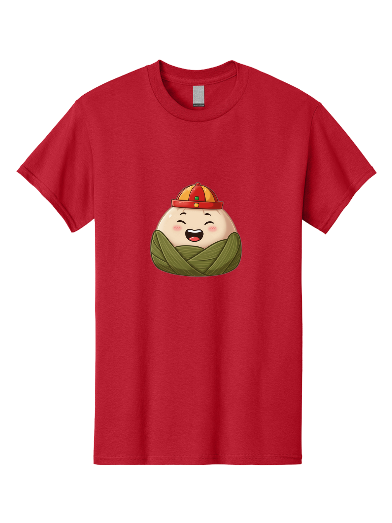 Rice-Dumplings Men'S Graphic Tee, 100% Cotton, Comfortable Casual Summer Wear, Machine Washable, Cartoon Zongzi, Traditional Chinese Food, Happy Face, Red And Yellow Hat, Green Wrapping, Joyful Expression, Chinese Culture, Festive Food, Bab340