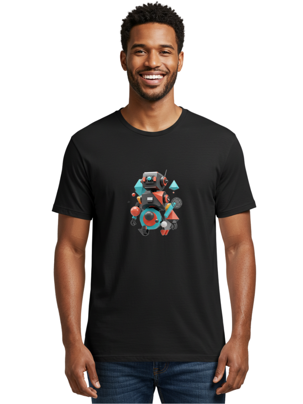 Robot-3 Men'S Graphic Tee, 100% Cotton, Comfortable Casual Summer Wear, Machine Washable, 3D Robot, Geometric Shapes, Vibrant Colors, Futuristic Design, Artificial Intelligence, Robotic Technology, Modern Art, Digital Illustration, Bab343