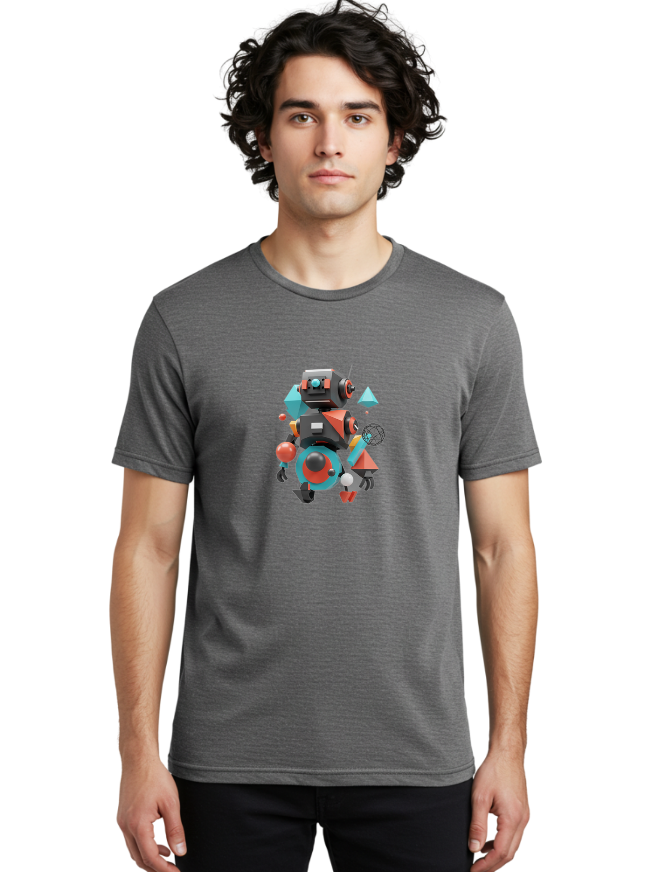 Robot-3 Men'S Graphic Tee, 100% Cotton, Comfortable Casual Summer Wear, Machine Washable, 3D Robot, Geometric Shapes, Vibrant Colors, Futuristic Design, Artificial Intelligence, Robotic Technology, Modern Art, Digital Illustration, Bab343
