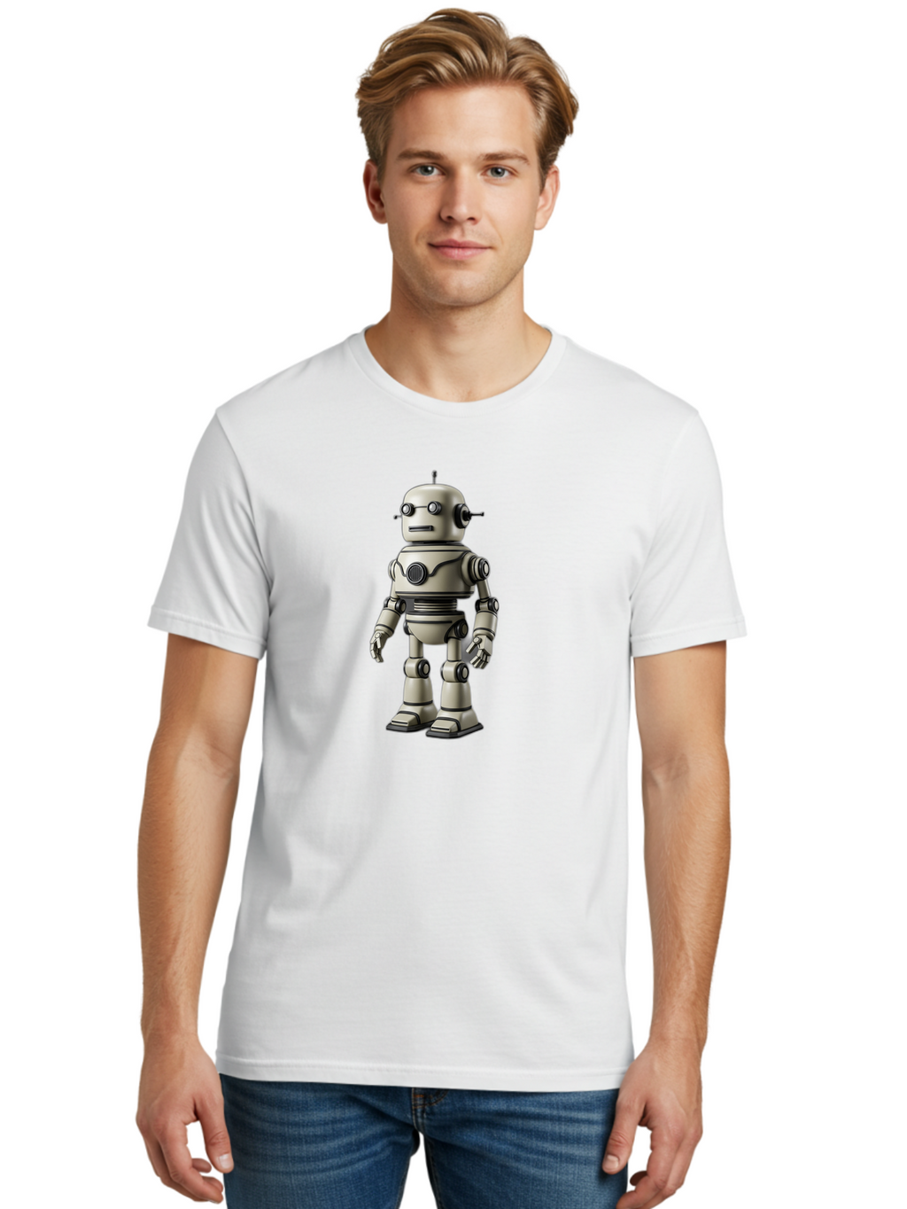 Robot-5 Men'S Graphic Tee, 100% Cotton, Comfortable Casual Summer Wear, Machine Washable, Robot Character, Artificial Intelligence, Mechanical Being, Metallic Body, Futuristic Design, Robotic Features, Cartoonish Style, Digital Illustration, Bab345