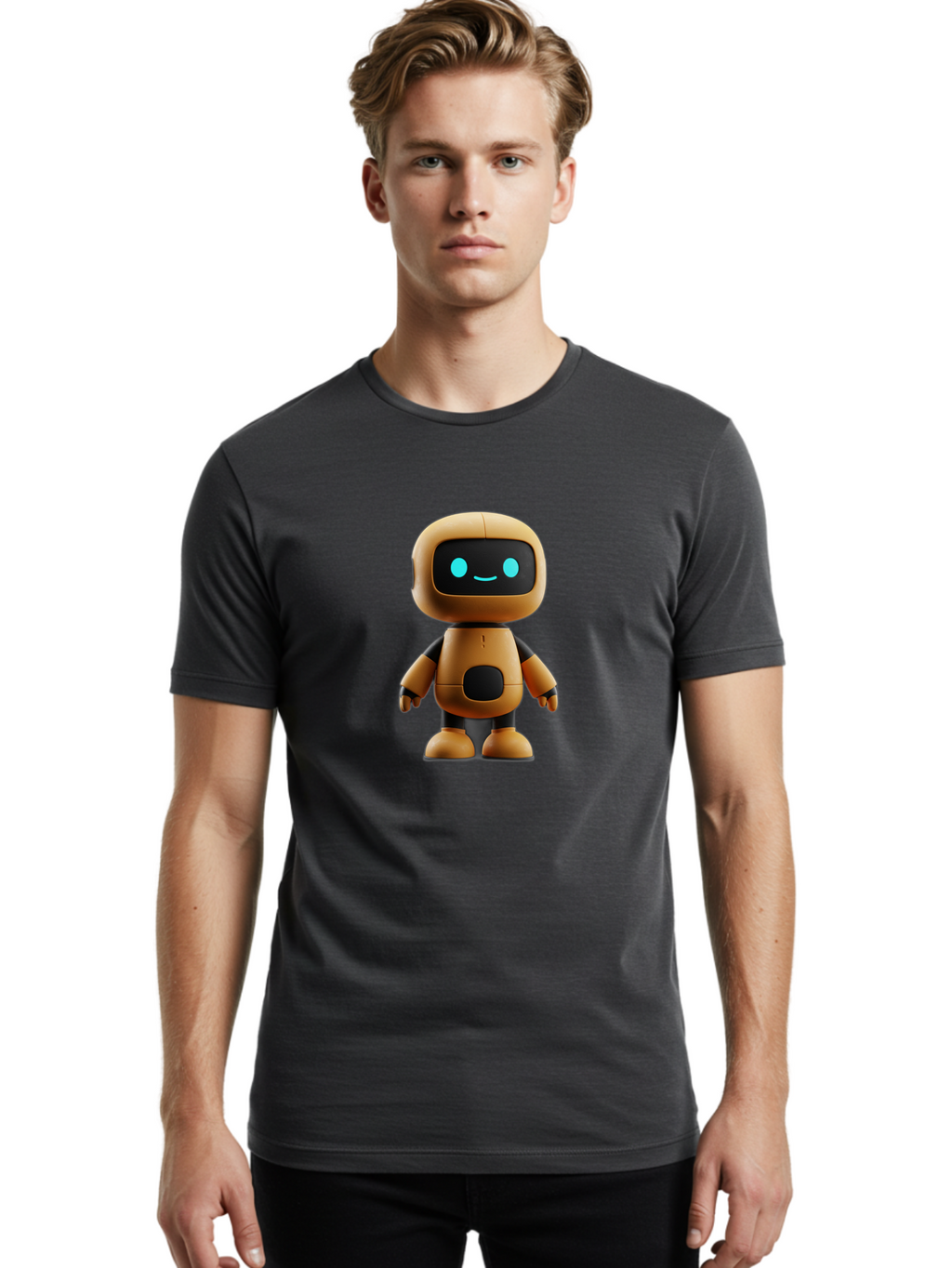 Robot-7 Men'S Graphic Tee, 100% Cotton, Comfortable Casual Summer Wear, Machine Washable, Cartoon Robot, Friendly Face, Smiling Robot, Blue Eyes, Black Screen, Beige Body, Cute Design, Toy Robot, Modern Tech, Futuristic Character, Bab347