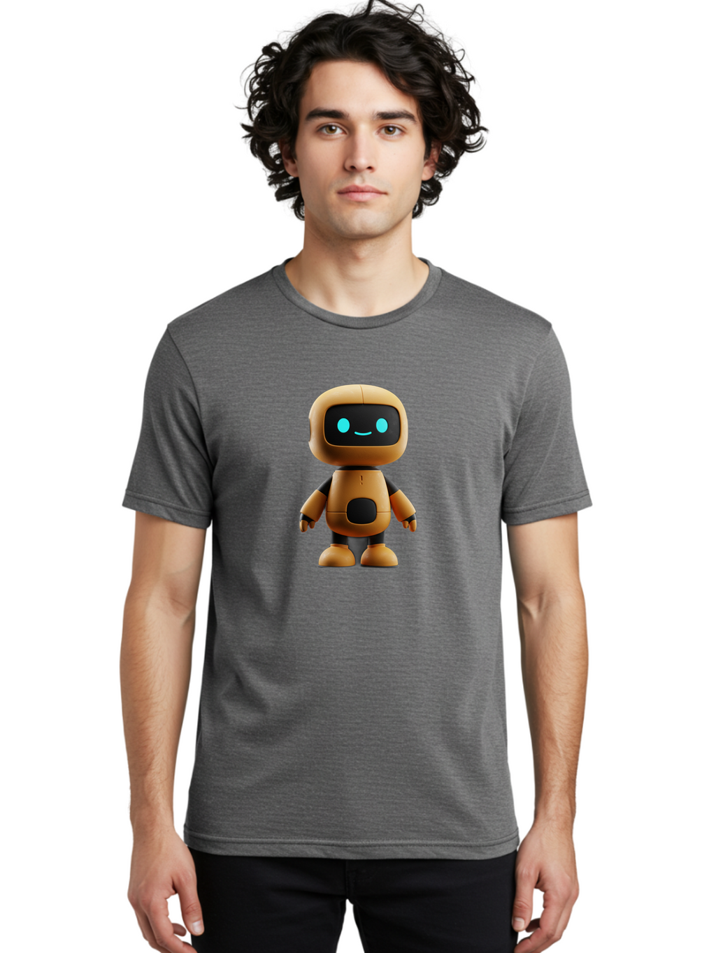 Robot-7 Men'S Graphic Tee, 100% Cotton, Comfortable Casual Summer Wear, Machine Washable, Cartoon Robot, Friendly Face, Smiling Robot, Blue Eyes, Black Screen, Beige Body, Cute Design, Toy Robot, Modern Tech, Futuristic Character, Bab347