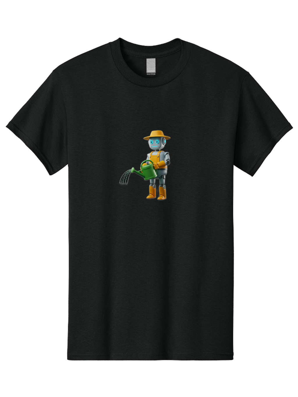 Robot-Gardener Men'S Graphic Tee, 100% Cotton, Comfortable Casual Summer Wear, Machine Washable, Robot Character, Gardening Robot, Watering Can, Yellow Hat, Orange Boots, Futuristic Gardening, Robotic Gardening Tools, Cartoon Robot, Bab350