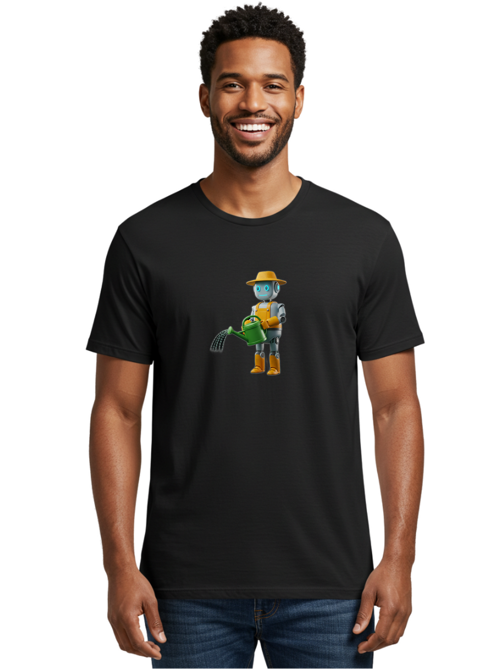 Robot-Gardener Men'S Graphic Tee, 100% Cotton, Comfortable Casual Summer Wear, Machine Washable, Robot Character, Gardening Robot, Watering Can, Yellow Hat, Orange Boots, Futuristic Gardening, Robotic Gardening Tools, Cartoon Robot, Bab350