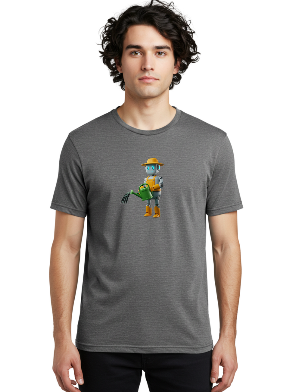 Robot-Gardener Men'S Graphic Tee, 100% Cotton, Comfortable Casual Summer Wear, Machine Washable, Robot Character, Gardening Robot, Watering Can, Yellow Hat, Orange Boots, Futuristic Gardening, Robotic Gardening Tools, Cartoon Robot, Bab350