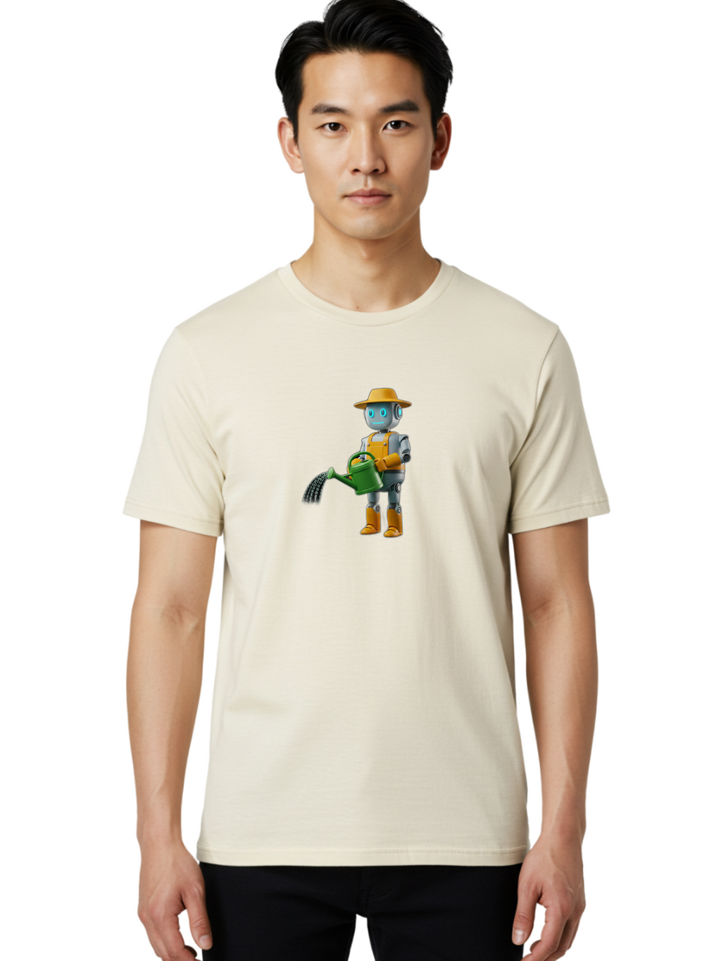 Robot-Gardener Men'S Graphic Tee, 100% Cotton, Comfortable Casual Summer Wear, Machine Washable, Robot Character, Gardening Robot, Watering Can, Yellow Hat, Orange Boots, Futuristic Gardening, Robotic Gardening Tools, Cartoon Robot, Bab350