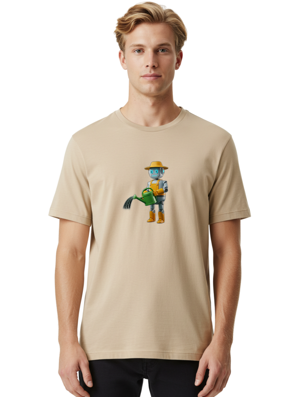 Robot-Gardener Men'S Graphic Tee, 100% Cotton, Comfortable Casual Summer Wear, Machine Washable, Robot Character, Gardening Robot, Watering Can, Yellow Hat, Orange Boots, Futuristic Gardening, Robotic Gardening Tools, Cartoon Robot, Bab350