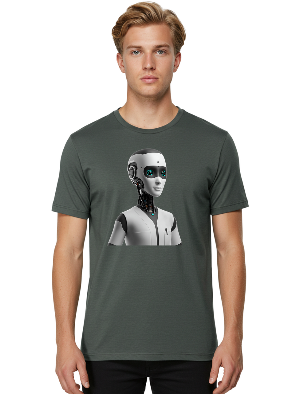 Robot-Head-1 Men'S Graphic Tee, 100% Cotton, Comfortable Casual Summer Wear, Machine Washable, Humanoid Robot, Futuristic Design, Artificial Intelligence, Robotic Features, Cybernetic Enhancements, Advanced Technology, Futuristic Character, Bab351