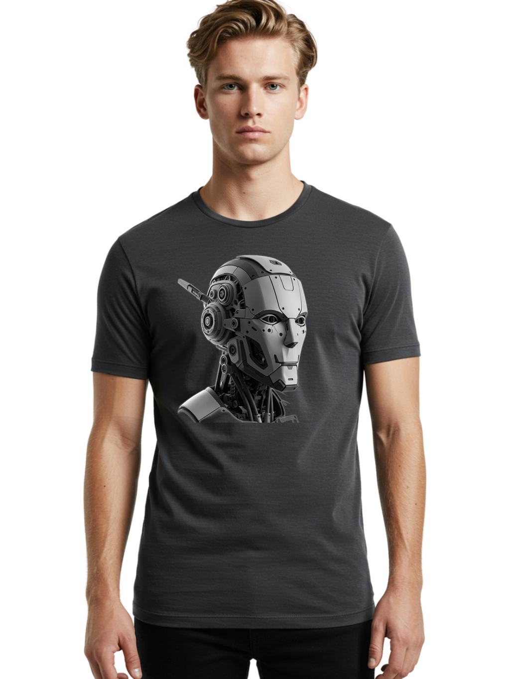 Robot-Head Men'S Graphic Tee, 100% Cotton, Comfortable Casual Summer Wear, Machine Washable, Robotic Head, Futuristic Design, Mechanical Face, Gray Metallic Finish, Technological Innovation, Advanced Robotics, Artificial Intelligence, Bab352