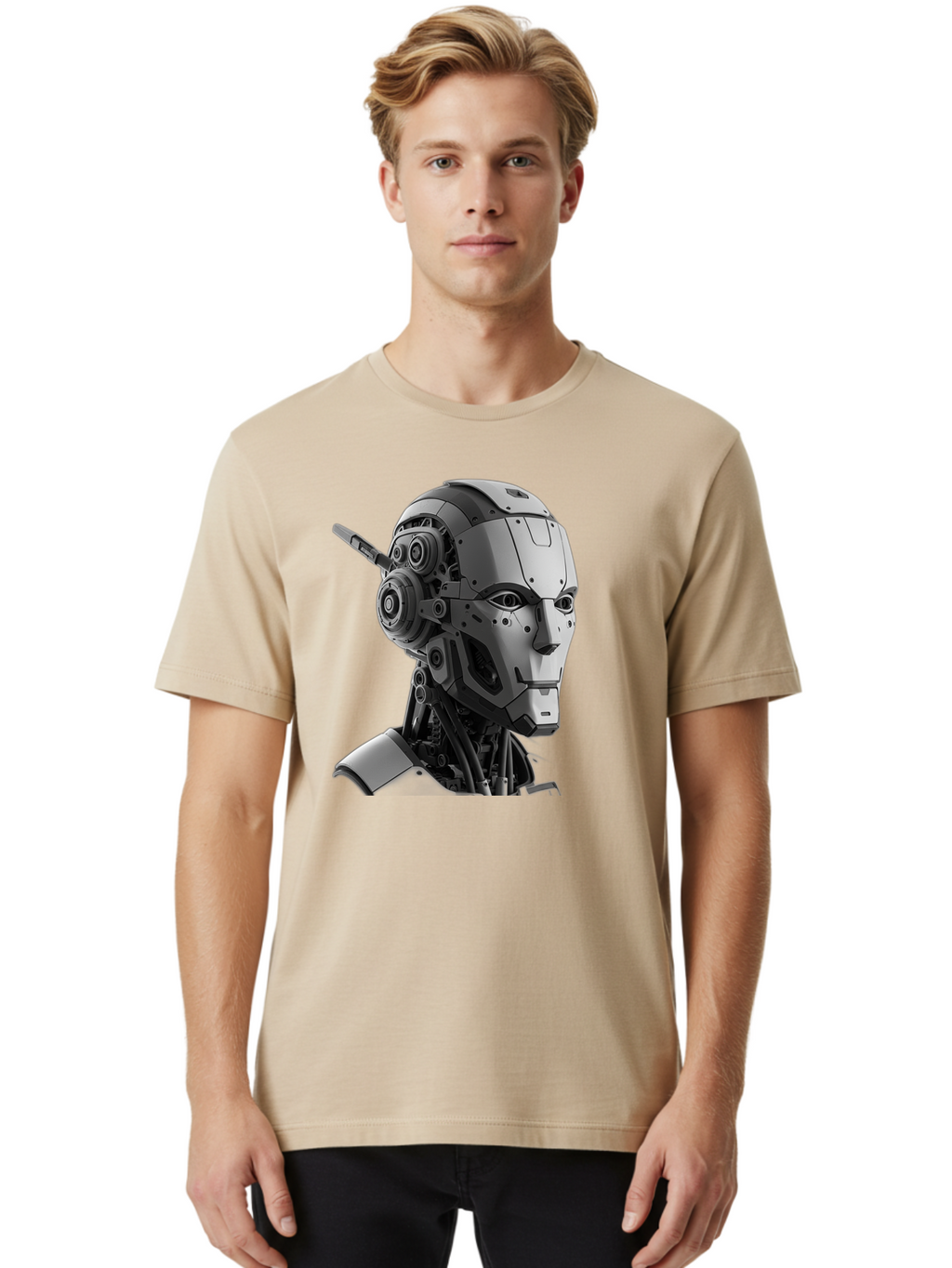 Robot-Head Men'S Graphic Tee, 100% Cotton, Comfortable Casual Summer Wear, Machine Washable, Robotic Head, Futuristic Design, Mechanical Face, Gray Metallic Finish, Technological Innovation, Advanced Robotics, Artificial Intelligence, Bab352