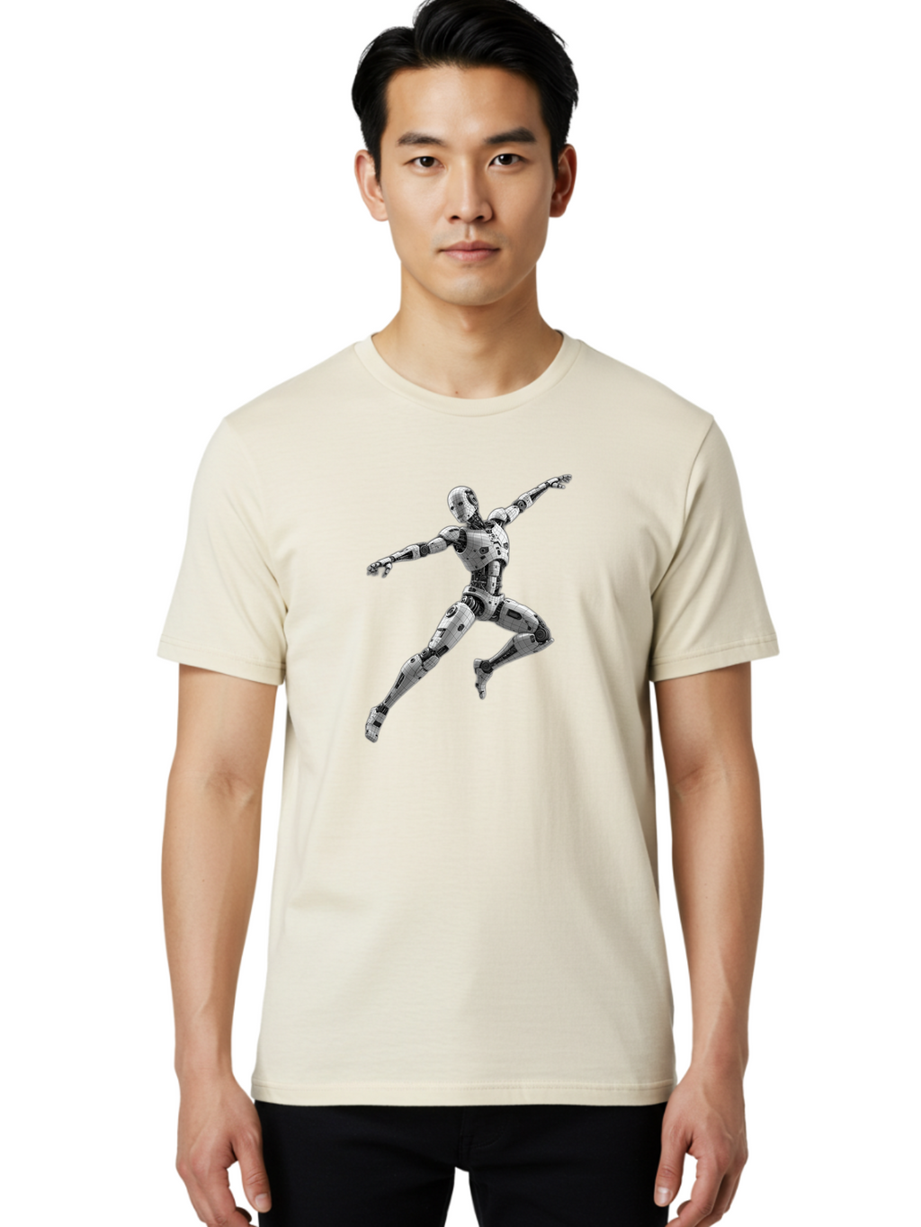 Robot-In-Mid-Air Men'S Graphic Tee, 100% Cotton, Comfortable Casual Summer Wear, Machine Washable, Robot In Mid-Air, Robotic Dance, Futuristic Technology, Robotic Limbs, Mechanical Movement, Silver Robot, Futuristic Design, Modern Android, Bab354