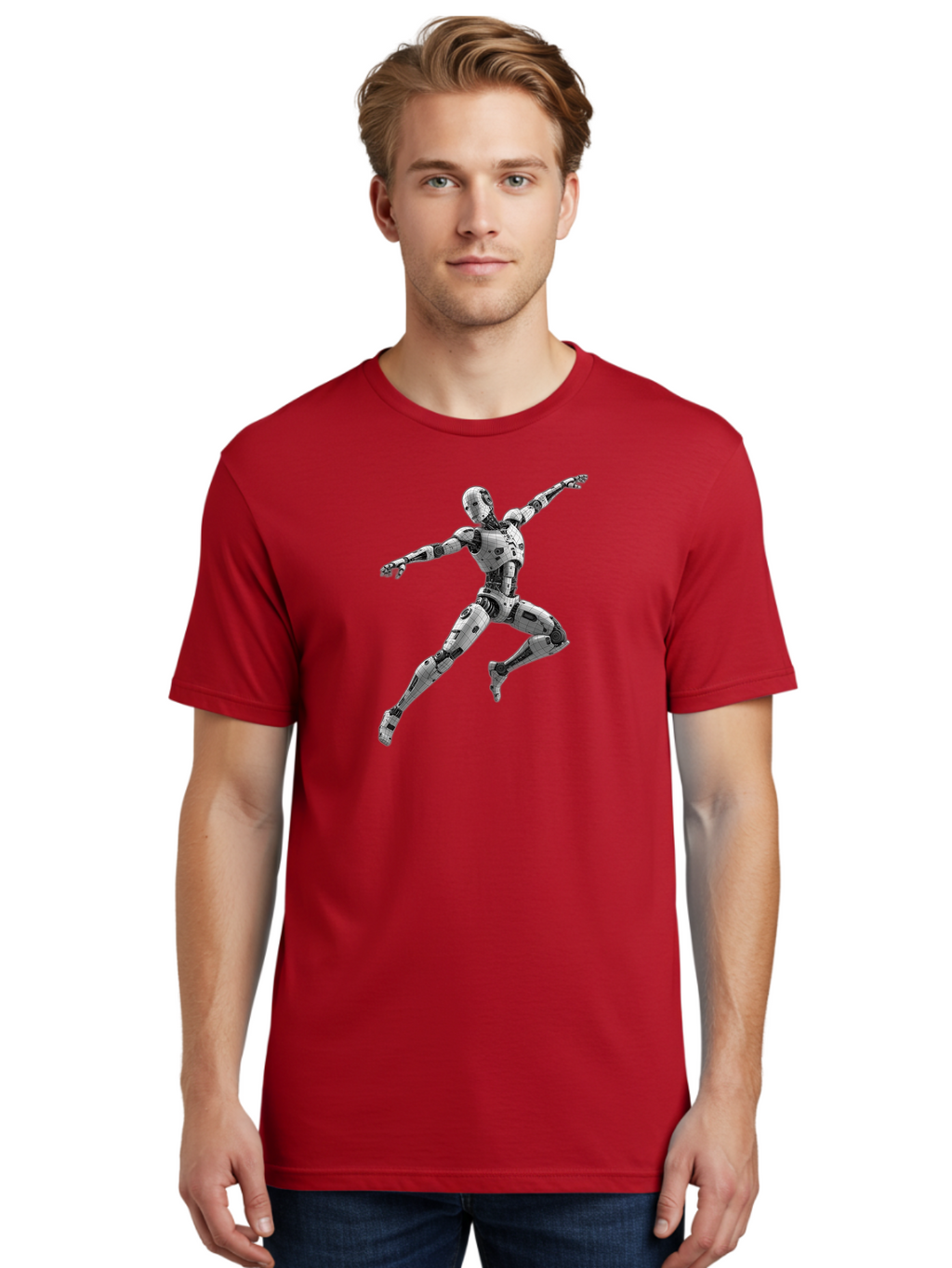 Robot-In-Mid-Air Men'S Graphic Tee, 100% Cotton, Comfortable Casual Summer Wear, Machine Washable, Robot In Mid-Air, Robotic Dance, Futuristic Technology, Robotic Limbs, Mechanical Movement, Silver Robot, Futuristic Design, Modern Android, Bab354