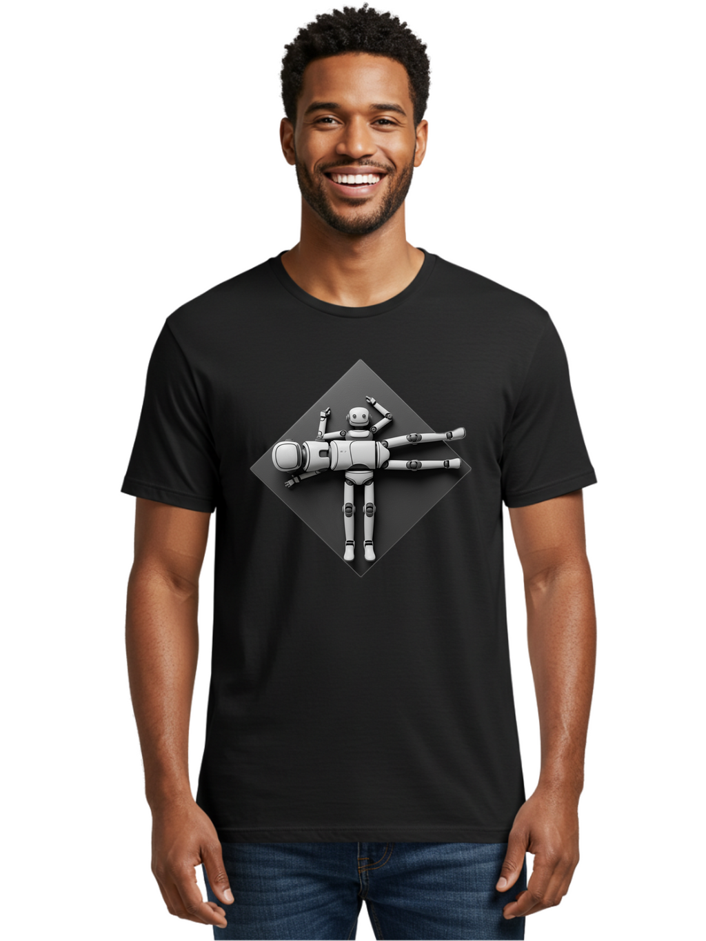 Robot-On-Dark-Square Men'S Graphic Tee, 100% Cotton, Comfortable Casual Summer Wear, Machine Washable, Robot Lying Down, Relaxation Pose, Mechanical Body, Futuristic Design, Artificial Intelligence, Modern Technology, Robot Resting, Bab355