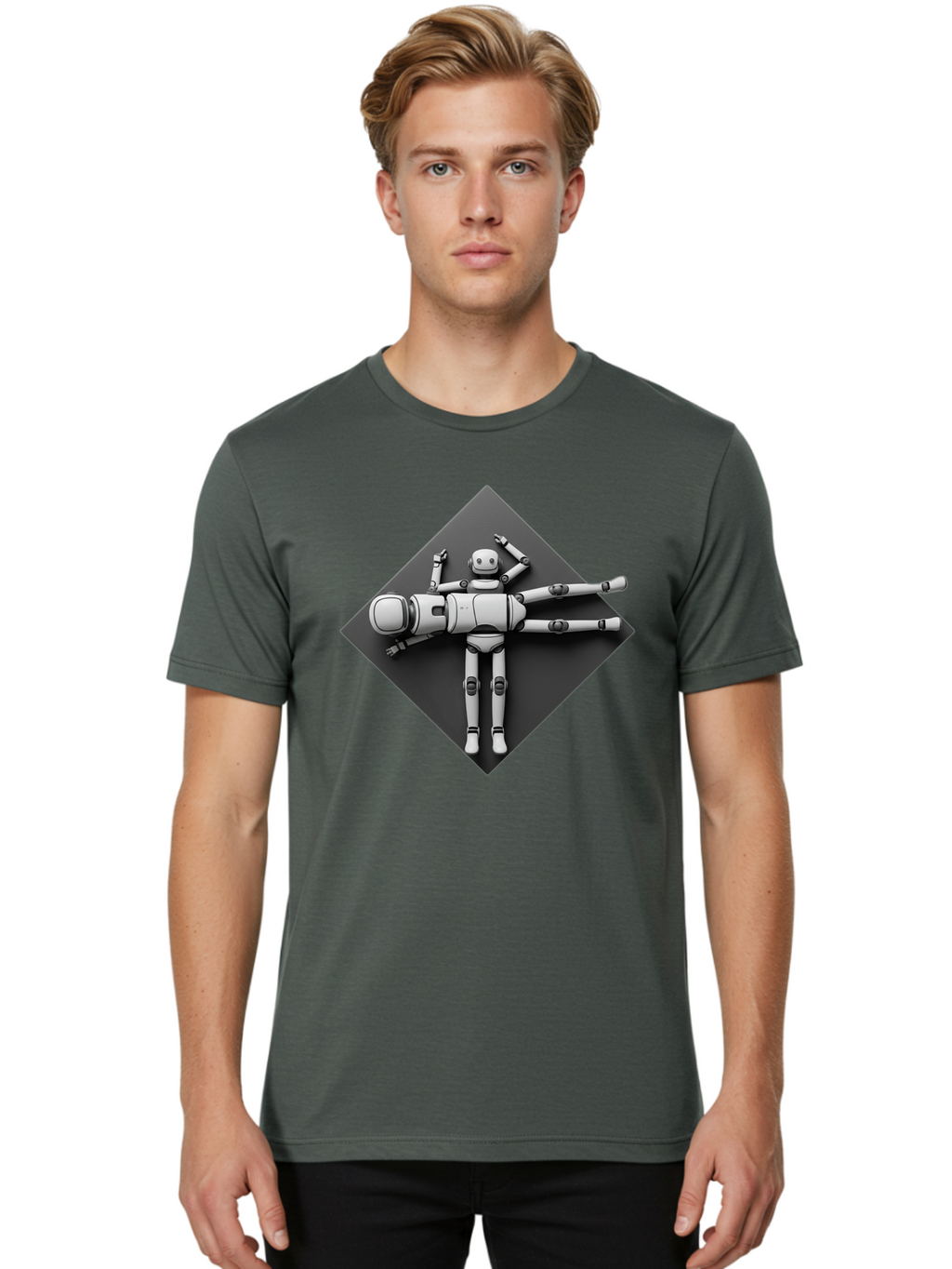 Robot-On-Dark-Square Men'S Graphic Tee, 100% Cotton, Comfortable Casual Summer Wear, Machine Washable, Robot Lying Down, Relaxation Pose, Mechanical Body, Futuristic Design, Artificial Intelligence, Modern Technology, Robot Resting, Bab355