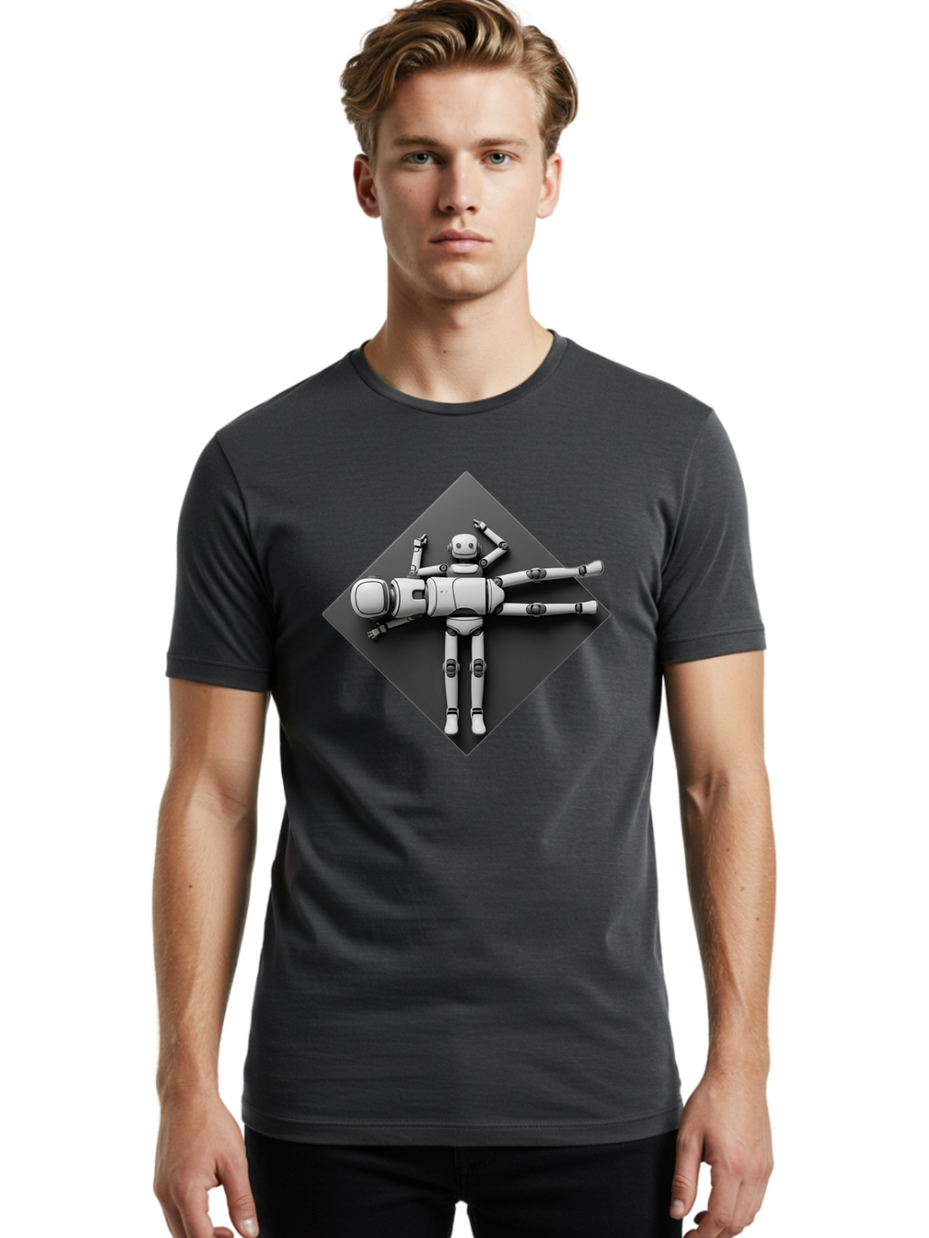 Robot-On-Dark-Square Men'S Graphic Tee, 100% Cotton, Comfortable Casual Summer Wear, Machine Washable, Robot Lying Down, Relaxation Pose, Mechanical Body, Futuristic Design, Artificial Intelligence, Modern Technology, Robot Resting, Bab355